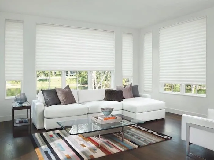A modern living room features a white sectional sofa, accent pillows, and a glass coffee table on a colorful patterned rug. Large windows with custom window treatments let in natural light, highlighting the dark wooden floor. Minimalist decor includes a glass bowl.