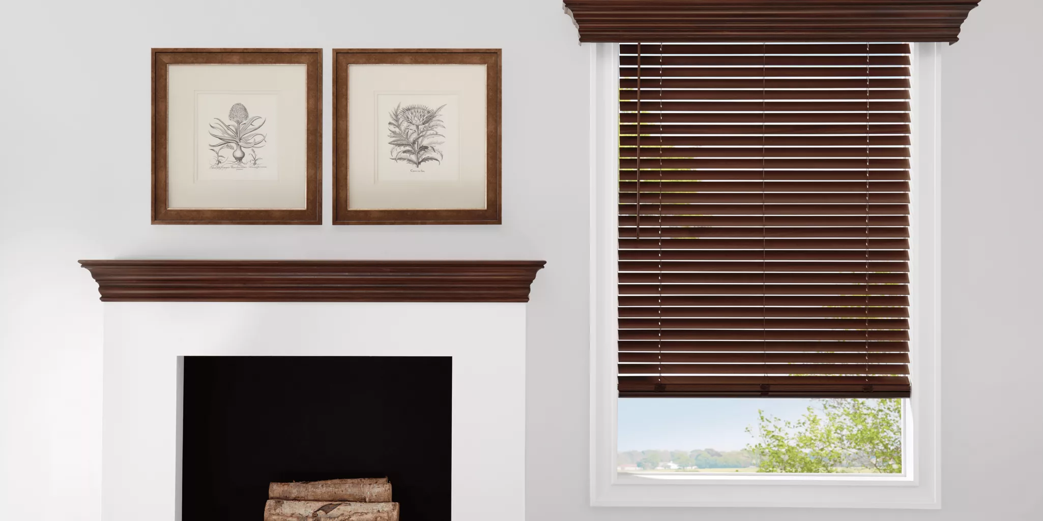 A minimalist interior features a white fireplace with dark wood molding and two framed botanical prints. To the right, custom blinds partially open to reveal greenery outside, complementing the peaceful ambiance. Logs rest neatly inside the fireplace.
