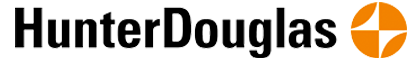 The image shows the Hunter Douglas logo, with the words "HunterDouglas" in black text and an orange circle featuring a white geometric design on the right.